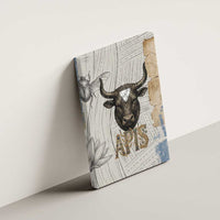 Apis Ancient Egyptian Canvas Wall Art with Beige-Gray Hieroglyphic, Ornate Bull Head, and Gold-Blue Typography - Wonder Print Shop