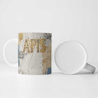 Apis Ancient Egyptian Ceramic Mug with Beige-Gray Hieroglyphic, Ornate Bull Head, and Gold-Blue Typography - Wonder Print Shop