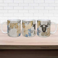 Apis Ancient Egyptian Ceramic Mug with Beige-Gray Hieroglyphic, Ornate Bull Head, and Gold-Blue Typography - Wonder Print Shop