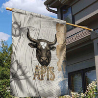 Apis Ancient Egyptian Garden Flag with Beige-Gray Hieroglyphic, Ornate Bull Head, and Gold-Blue Typography - Wonder Print Shop