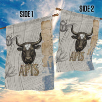 Apis Ancient Egyptian Garden Flag with Beige-Gray Hieroglyphic, Ornate Bull Head, and Gold-Blue Typography - Wonder Print Shop