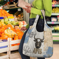 Apis Ancient Egyptian Grocery Bag with Beige-Gray Hieroglyphic, Ornate Bull Head, and Gold-Blue Typography - Wonder Print Shop