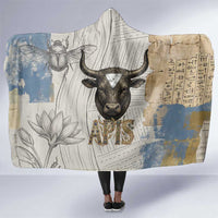Apis Ancient Egyptian Hooded Blanket with Beige-Gray Hieroglyphic, Ornate Bull Head, and Gold-Blue Typography - Wonder Print Shop
