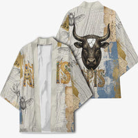 Apis Ancient Egyptian Kimono with Beige-Gray Hieroglyphic, Ornate Bull Head, and Gold-Blue Typography - Wonder Print Shop