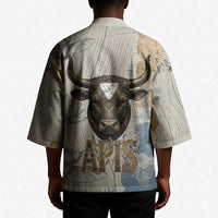 Apis Ancient Egyptian Kimono with Beige-Gray Hieroglyphic, Ornate Bull Head, and Gold-Blue Typography - Wonder Print Shop