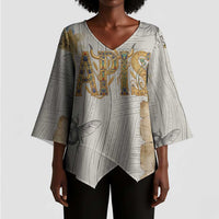 Apis Ancient Egyptian Kimono Sleeve Blouse with Beige-Gray Hieroglyphic, Ornate Bull Head, and Gold-Blue Typography - Wonder Print Shop