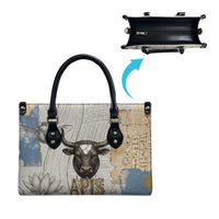 Apis Ancient Egyptian Leather Bag with Beige-Gray Hieroglyphic, Ornate Bull Head, and Gold-Blue Typography - Wonder Print Shop