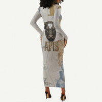 Apis Ancient Egyptian Long Sleeve Bodycon Dress with Beige-Gray Hieroglyphic, Ornate Bull Head, and Gold-Blue Typography - Wonder Print Shop
