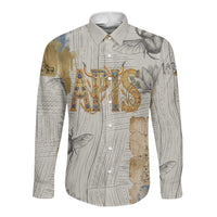 Apis Ancient Egyptian Long Sleeve Button Shirt with Beige-Gray Hieroglyphic, Ornate Bull Head, and Gold-Blue Typography - Wonder Print Shop