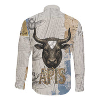 Apis Ancient Egyptian Long Sleeve Button Shirt with Beige-Gray Hieroglyphic, Ornate Bull Head, and Gold-Blue Typography - Wonder Print Shop