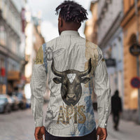 Apis Ancient Egyptian Long Sleeve Button Shirt with Beige-Gray Hieroglyphic, Ornate Bull Head, and Gold-Blue Typography - Wonder Print Shop