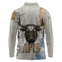 Apis Ancient Egyptian Long Sleeve Polo Shirt with Beige-Gray Hieroglyphic, Ornate Bull Head, and Gold-Blue Typography - Wonder Print Shop