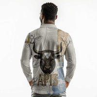 Apis Ancient Egyptian Long Sleeve Polo Shirt with Beige-Gray Hieroglyphic, Ornate Bull Head, and Gold-Blue Typography - Wonder Print Shop