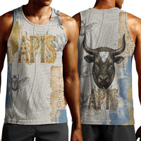 Apis Ancient Egyptian Men Tank Top with Beige-Gray Hieroglyphic, Ornate Bull Head, and Gold-Blue Typography - Wonder Print Shop