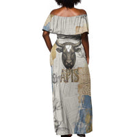 Apis Ancient Egyptian Off Shoulder Maxi Dress with Beige-Gray Hieroglyphic, Ornate Bull Head, and Gold-Blue Typography - Wonder Print Shop