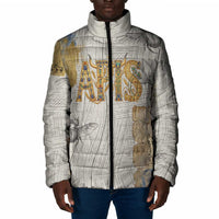 Apis Ancient Egyptian Padded Jacket with Beige-Gray Hieroglyphic, Ornate Bull Head, and Gold-Blue Typography - Wonder Print Shop