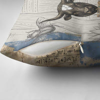 Apis Ancient Egyptian Pillow Cover with Beige-Gray Hieroglyphic, Ornate Bull Head, and Gold-Blue Typography - Wonder Print Shop