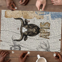 Apis Ancient Egyptian Puzzle with Beige-Gray Hieroglyphic, Ornate Bull Head, and Gold-Blue Typography - Wonder Print Shop