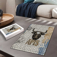 Apis Ancient Egyptian Puzzle with Beige-Gray Hieroglyphic, Ornate Bull Head, and Gold-Blue Typography - Wonder Print Shop