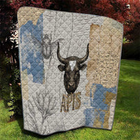 Apis Ancient Egyptian Quilt with Beige-Gray Hieroglyphic, Ornate Bull Head, and Gold-Blue Typography - Wonder Print Shop