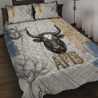 Apis Ancient Egyptian Quilt Bed Set with Beige-Gray Hieroglyphic, Ornate Bull Head, and Gold-Blue Typography - Wonder Print Shop