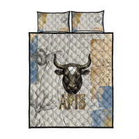 Apis Ancient Egyptian Quilt Bed Set with Beige-Gray Hieroglyphic, Ornate Bull Head, and Gold-Blue Typography - Wonder Print Shop
