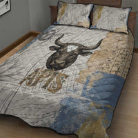 Apis Ancient Egyptian Quilt Bed Set with Beige-Gray Hieroglyphic, Ornate Bull Head, and Gold-Blue Typography - Wonder Print Shop