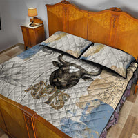Apis Ancient Egyptian Quilt Bed Set with Beige-Gray Hieroglyphic, Ornate Bull Head, and Gold-Blue Typography - Wonder Print Shop