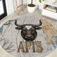 Apis Ancient Egyptian Round Carpet with Beige-Gray Hieroglyphic, Ornate Bull Head, and Gold-Blue Typography - Wonder Print Shop