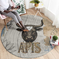 Apis Ancient Egyptian Round Carpet with Beige-Gray Hieroglyphic, Ornate Bull Head, and Gold-Blue Typography - Wonder Print Shop