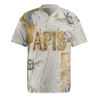 Apis Ancient Egyptian Rugby Jersey with Beige-Gray Hieroglyphic, Ornate Bull Head, and Gold-Blue Typography - Wonder Print Shop