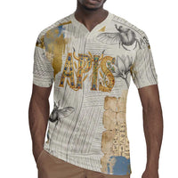 Apis Ancient Egyptian Rugby Jersey with Beige-Gray Hieroglyphic, Ornate Bull Head, and Gold-Blue Typography - Wonder Print Shop
