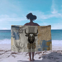 Apis Ancient Egyptian Sarong with Beige-Gray Hieroglyphic, Ornate Bull Head, and Gold-Blue Typography - Wonder Print Shop