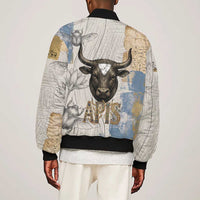 Apis Ancient Egyptian Sleeve Zip Bomber Jacket with Beige-Gray Hieroglyphic, Ornate Bull Head, and Gold-Blue Typography - Wonder Print Shop
