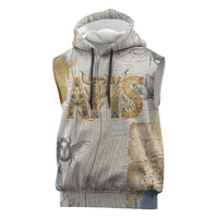 Apis Ancient Egyptian Sleeveless Hoodie with Beige-Gray Hieroglyphic, Ornate Bull Head, and Gold-Blue Typography - Wonder Print Shop
