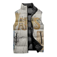 Apis Ancient Egyptian Sleeveless Puffer Jacket with Beige-Gray Hieroglyphic, Ornate Bull Head, and Gold-Blue Typography - Wonder Print Shop