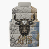 Apis Ancient Egyptian Sleeveless Puffer Jacket with Beige-Gray Hieroglyphic, Ornate Bull Head, and Gold-Blue Typography - Wonder Print Shop