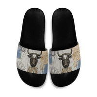 Apis Ancient Egyptian Slide Sandals with Beige-Gray Hieroglyphic, Ornate Bull Head, and Gold-Blue Typography - Wonder Print Shop