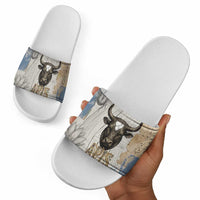 Apis Ancient Egyptian Slide Sandals with Beige-Gray Hieroglyphic, Ornate Bull Head, and Gold-Blue Typography - Wonder Print Shop
