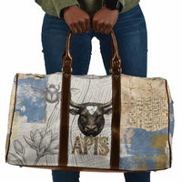 Apis Ancient Egyptian Travel Bag with Beige-Gray Hieroglyphic, Ornate Bull Head, and Gold-Blue Typography - Wonder Print Shop