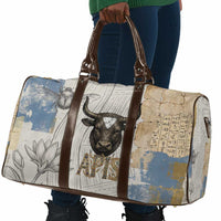 Apis Ancient Egyptian Travel Bag with Beige-Gray Hieroglyphic, Ornate Bull Head, and Gold-Blue Typography - Wonder Print Shop
