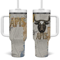 Apis Ancient Egyptian Tumbler With Handle with Beige-Gray Hieroglyphic, Ornate Bull Head, and Gold-Blue Typography - Wonder Print Shop