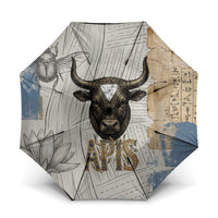 Apis Ancient Egyptian Umbrella with Beige-Gray Hieroglyphic, Ornate Bull Head, and Gold-Blue Typography - Wonder Print Shop