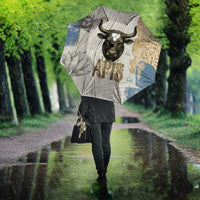 Apis Ancient Egyptian Umbrella with Beige-Gray Hieroglyphic, Ornate Bull Head, and Gold-Blue Typography - Wonder Print Shop