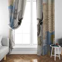 Apis Ancient Egyptian Window Curtain with Beige-Gray Hieroglyphic, Ornate Bull Head, and Gold-Blue Typography - Wonder Print Shop