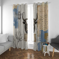 Apis Ancient Egyptian Window Curtain with Beige-Gray Hieroglyphic, Ornate Bull Head, and Gold-Blue Typography - Wonder Print Shop