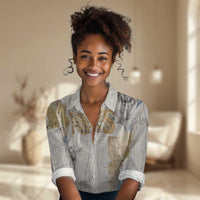 Apis Ancient Egyptian Women Casual Shirt with Beige-Gray Hieroglyphic, Ornate Bull Head, and Gold-Blue Typography - Wonder Print Shop