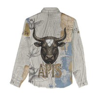 Apis Ancient Egyptian Women Casual Shirt with Beige-Gray Hieroglyphic, Ornate Bull Head, and Gold-Blue Typography - Wonder Print Shop
