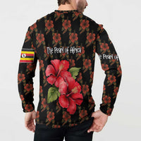 Uganda Button Sweatshirt with Hibiscus Flower Pattern and The Pearl of Africa Text