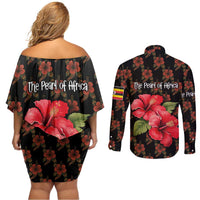 Uganda Couples Matching Off Shoulder Short Dress and Long Sleeve Button Shirt with Hibiscus Flower Pattern and The Pearl of Africa Text